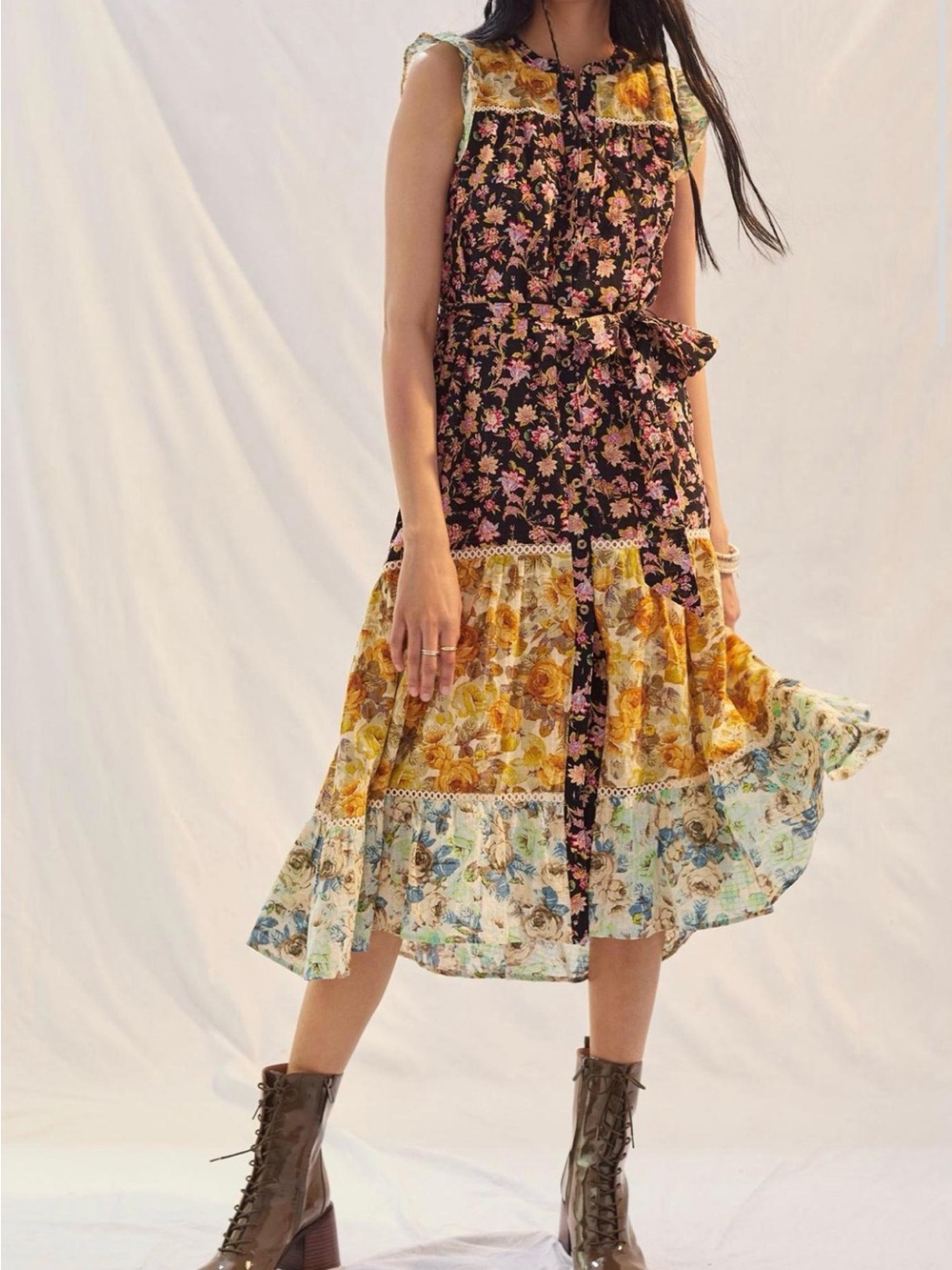 Anthropologie Floral Tiered Maxi Dress in Black and Mustard crochet trim - Picture 4 of 4